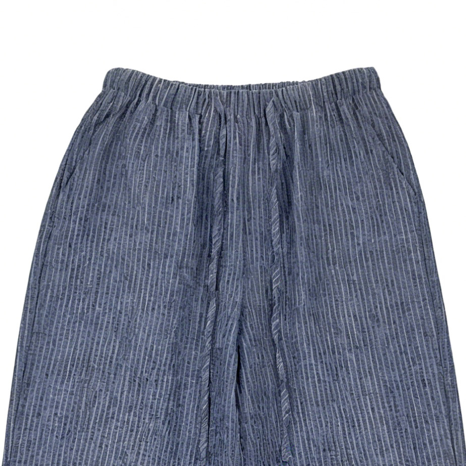 Blue Striped Linen-Blend Wide Leg Pants - Drawstring Waist Casual Trousers S-2543