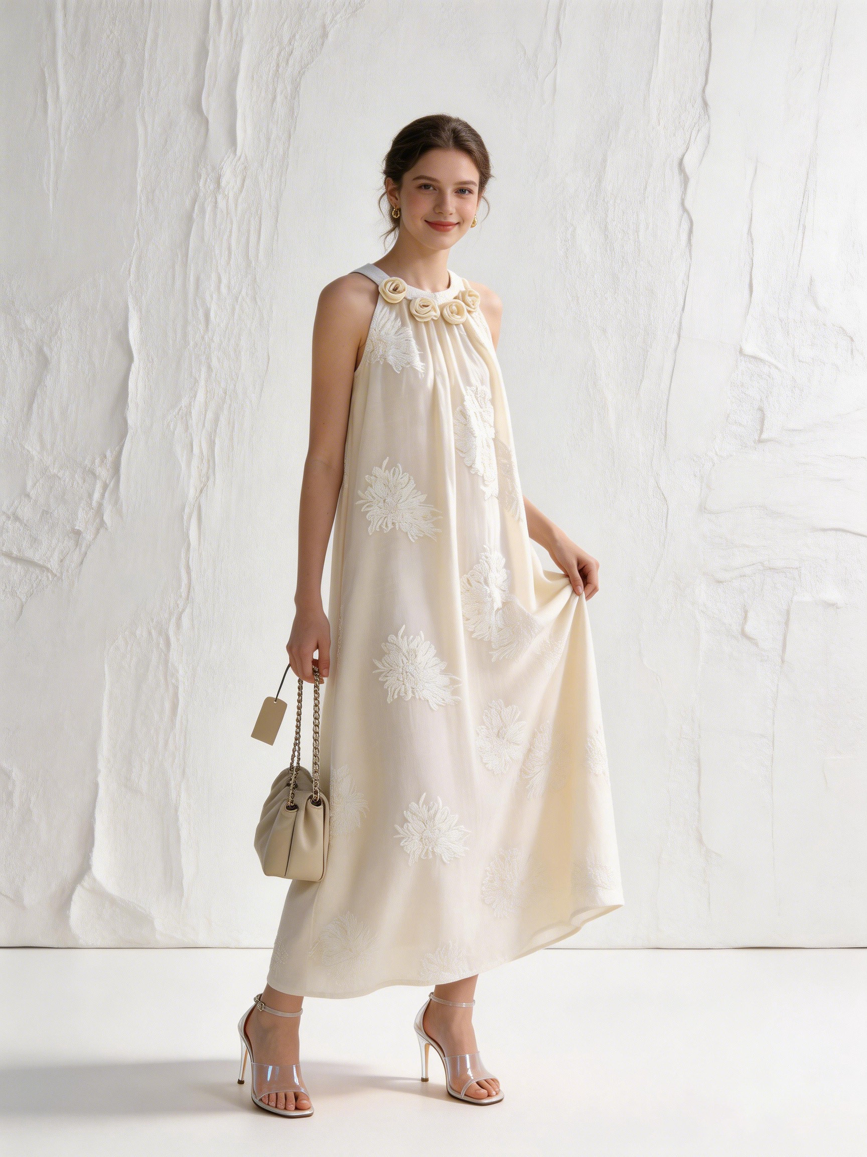 White Floral Embroidered Halter Neck Maxi Dress - Boho Vacation Dress W-40377