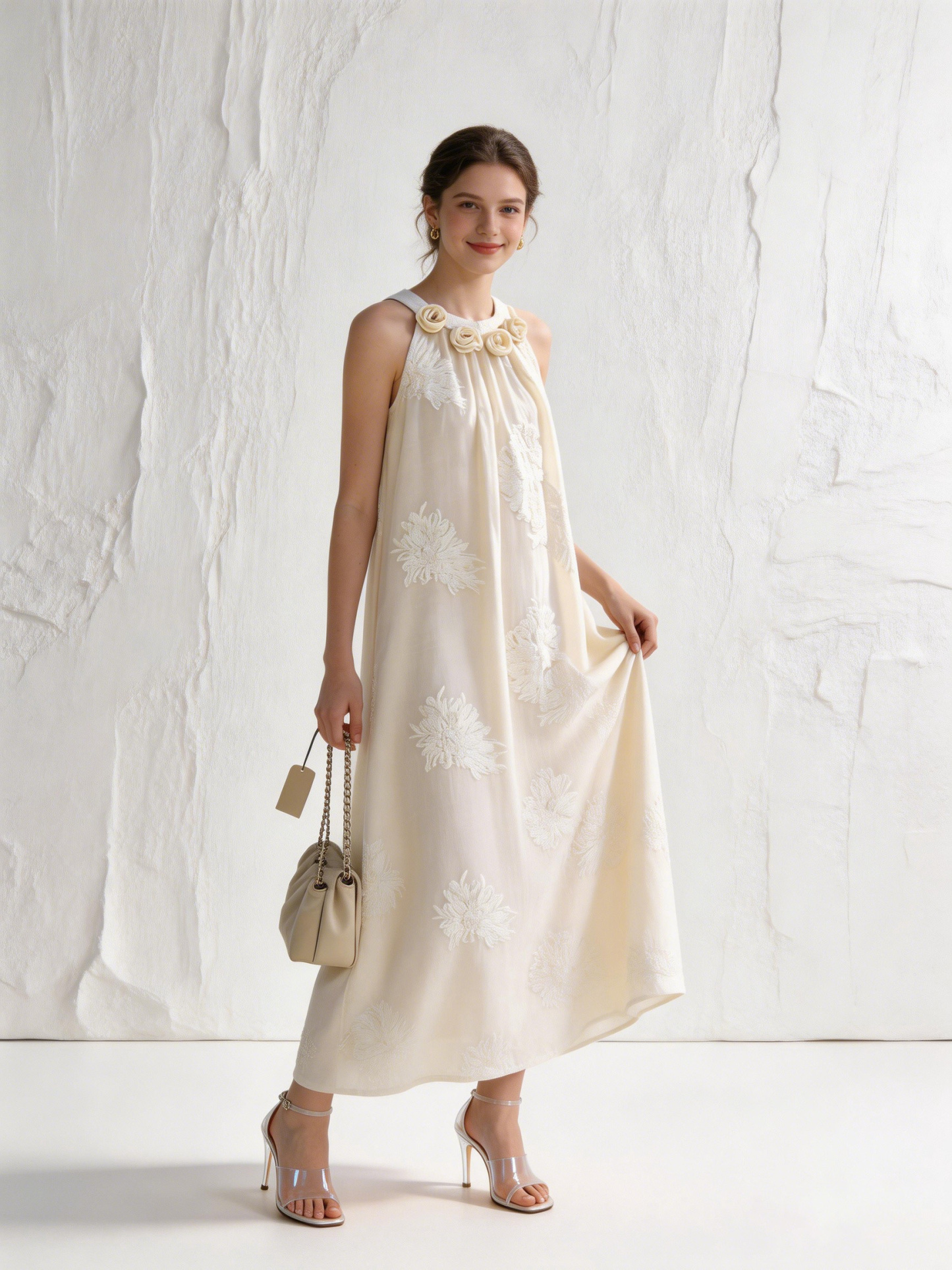 White Floral Embroidered Halter Neck Maxi Dress - Boho Vacation Dress W-40377