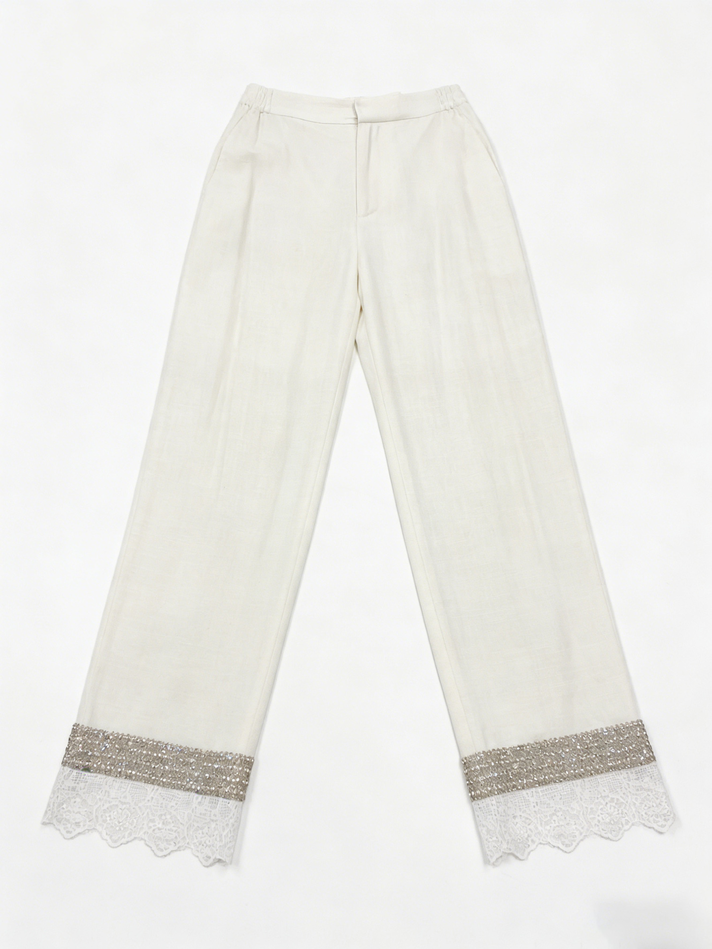 White Linen-Blend Wide Leg Pants with Beaded Lace Trim - Elegant Trousers W-40484