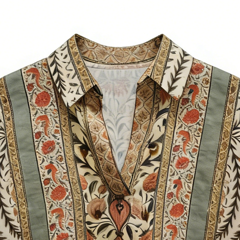 Elegant Olive Green Floral Patchwork Blouse - V-Neck Vacation Top  A-41675