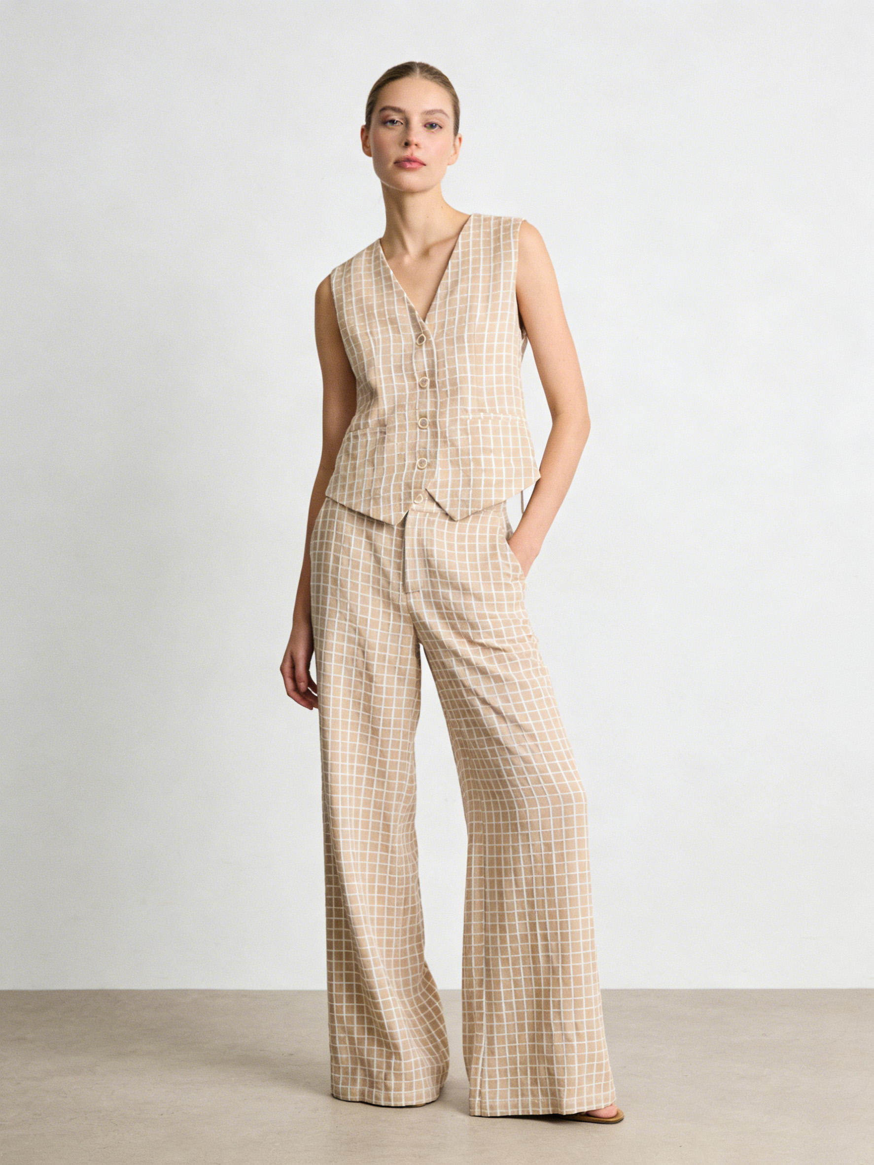Chic Beige Check Co-ord Set - Tailored Vest & High Waist Trousers  A-42111A+A-42112