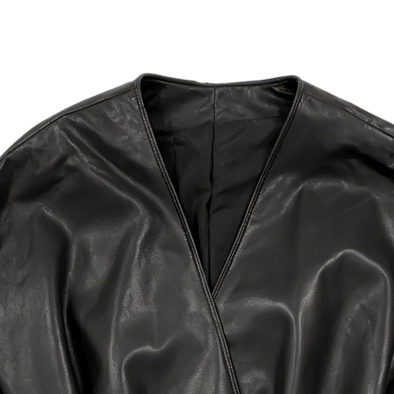 Contemporary Vegan Leather Wrapped Jacket with Balloon Hem 27508
