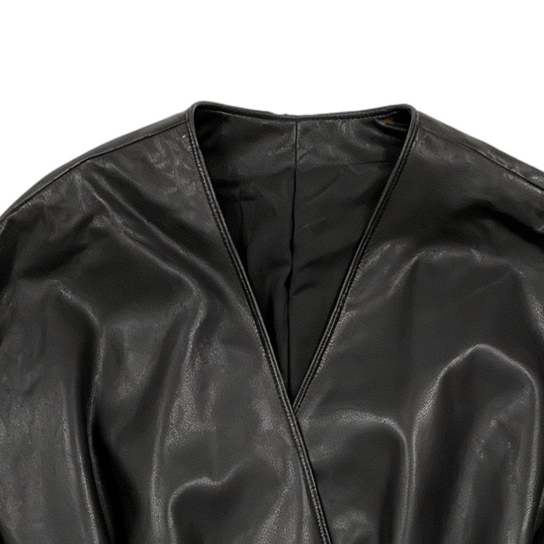 Contemporary Vegan Leather Wrapped Jacket with Balloon Hem 27508