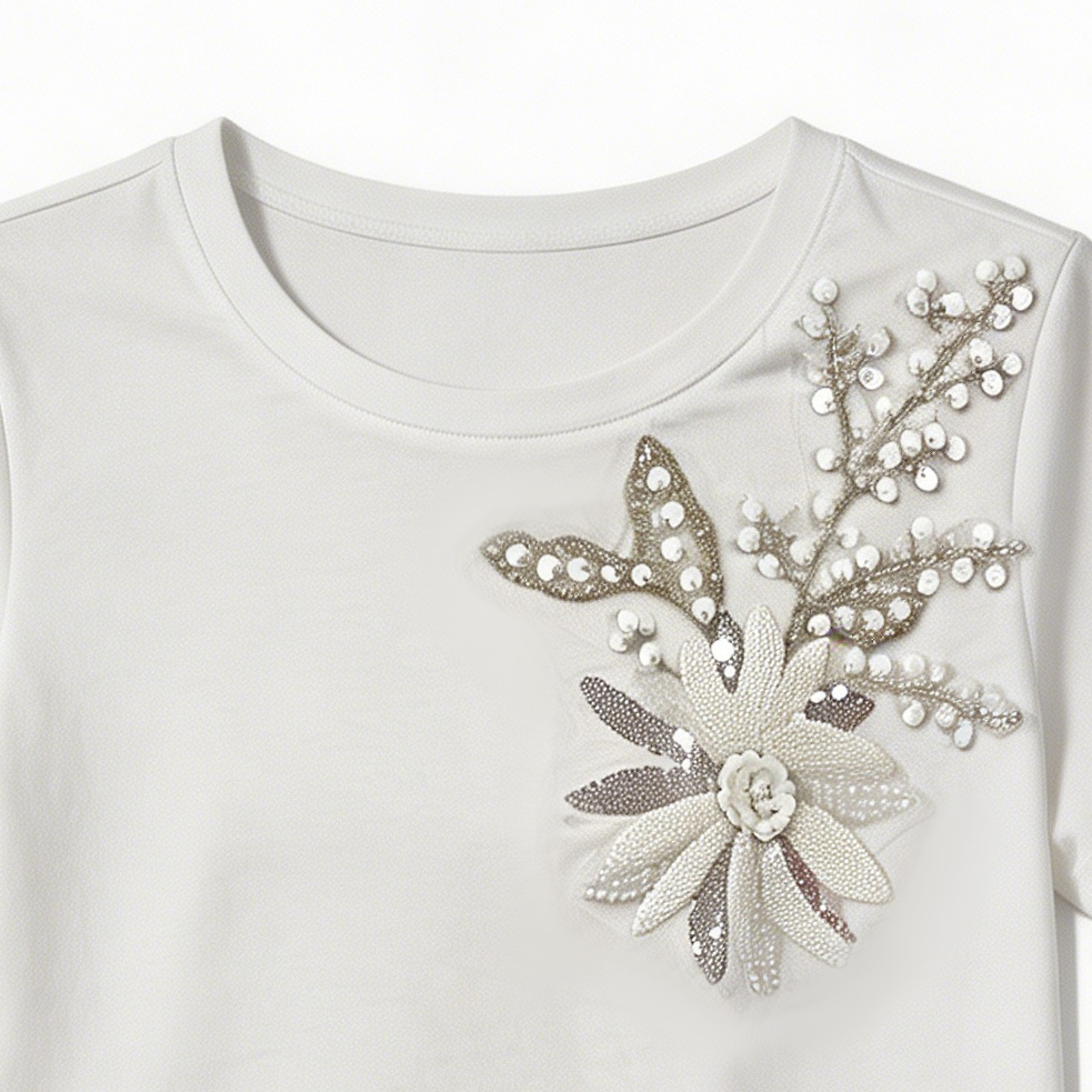 Women’s Embellished T Shirt – Floral Sequin Beaded Casual Summer Top M-42130-5