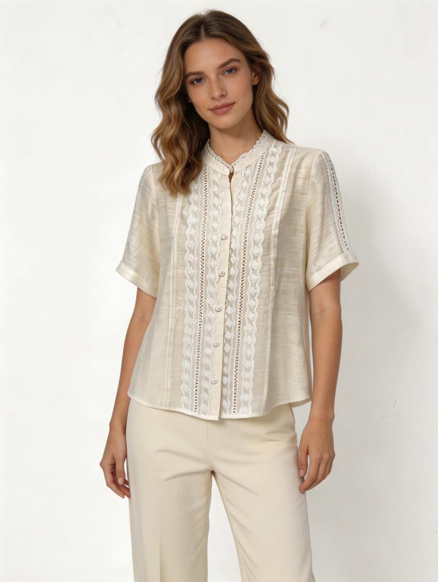 Women’s Vintage Lace Blouse – Cotton Linen Stand Collar Elegant Summer Top W-32702