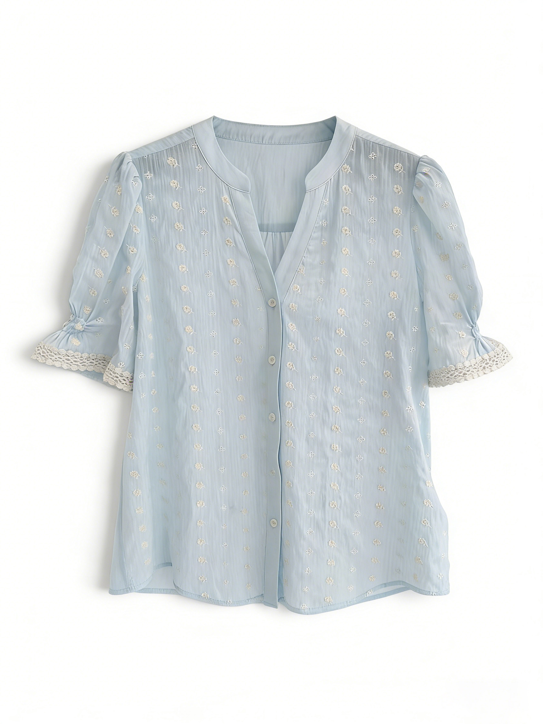 Soft Blue Puff Sleeve Top, Elegant V-Neck Embroidered Summer Blouse A-42114