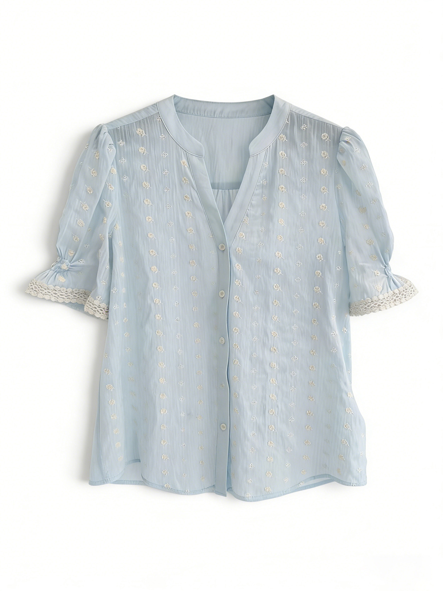 Soft Blue Puff Sleeve Top, Elegant V-Neck Embroidered Summer Blouse A-42114