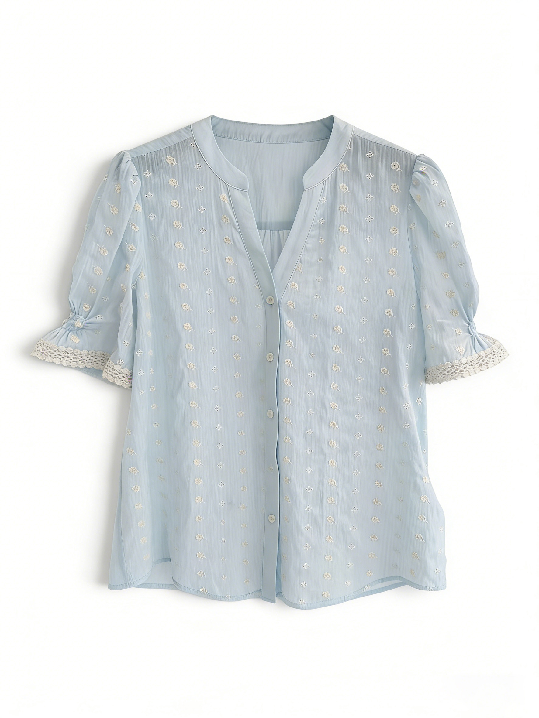 Soft Blue Puff Sleeve Top, Elegant V-Neck Embroidered Summer Blouse A-42114