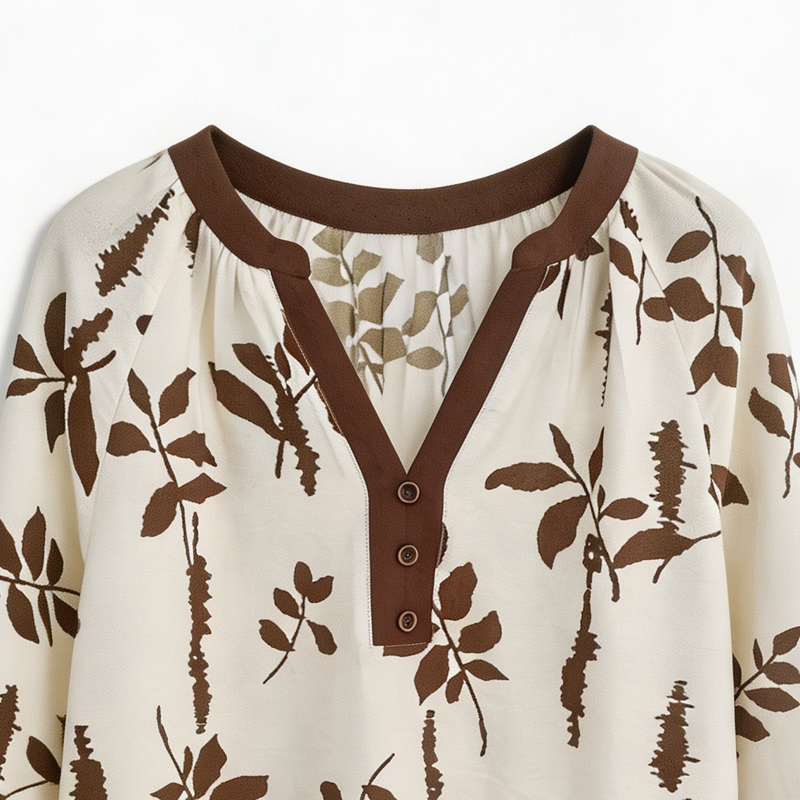 hic Earthy Botanical Print Long Sleeve Blouse with Contrast V-Neck A-42170