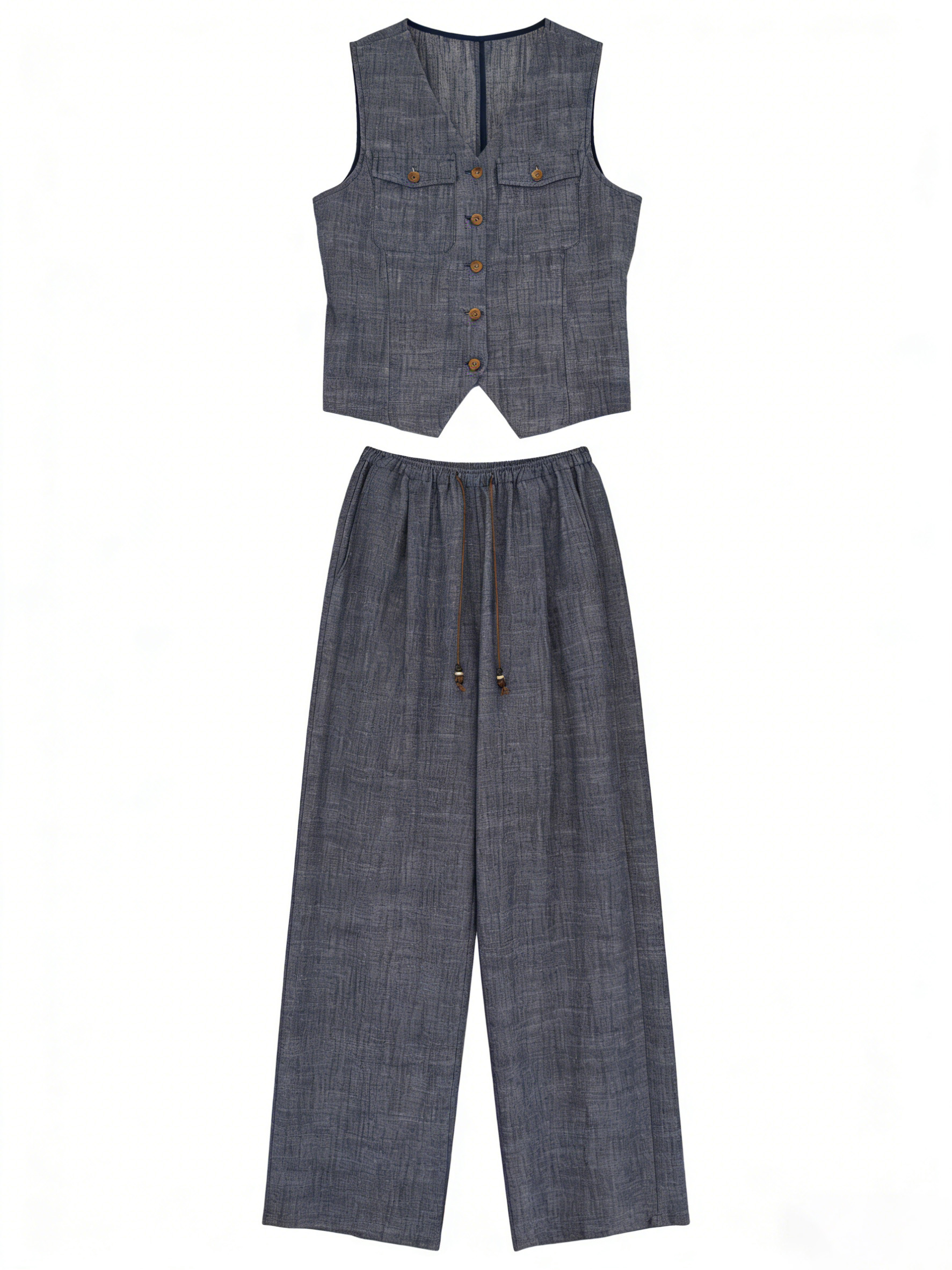 Boho Blue Grey Linen Suit - V-Neck Vest & Drawstring Wide Leg Pants  C-41743A+C-41763A