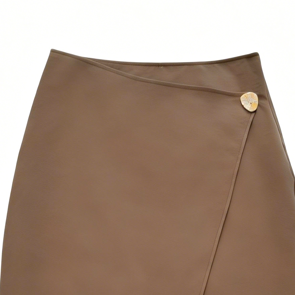 Elegant Brown Office Skirt - Wrap Detail High Waist Midi Skirt  C-41873A