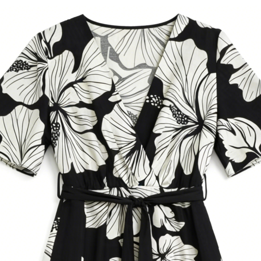 Women's Black & White Hibiscus Print Wrap Midi Dress - V-Neck Tie Waist Dress  C-42530