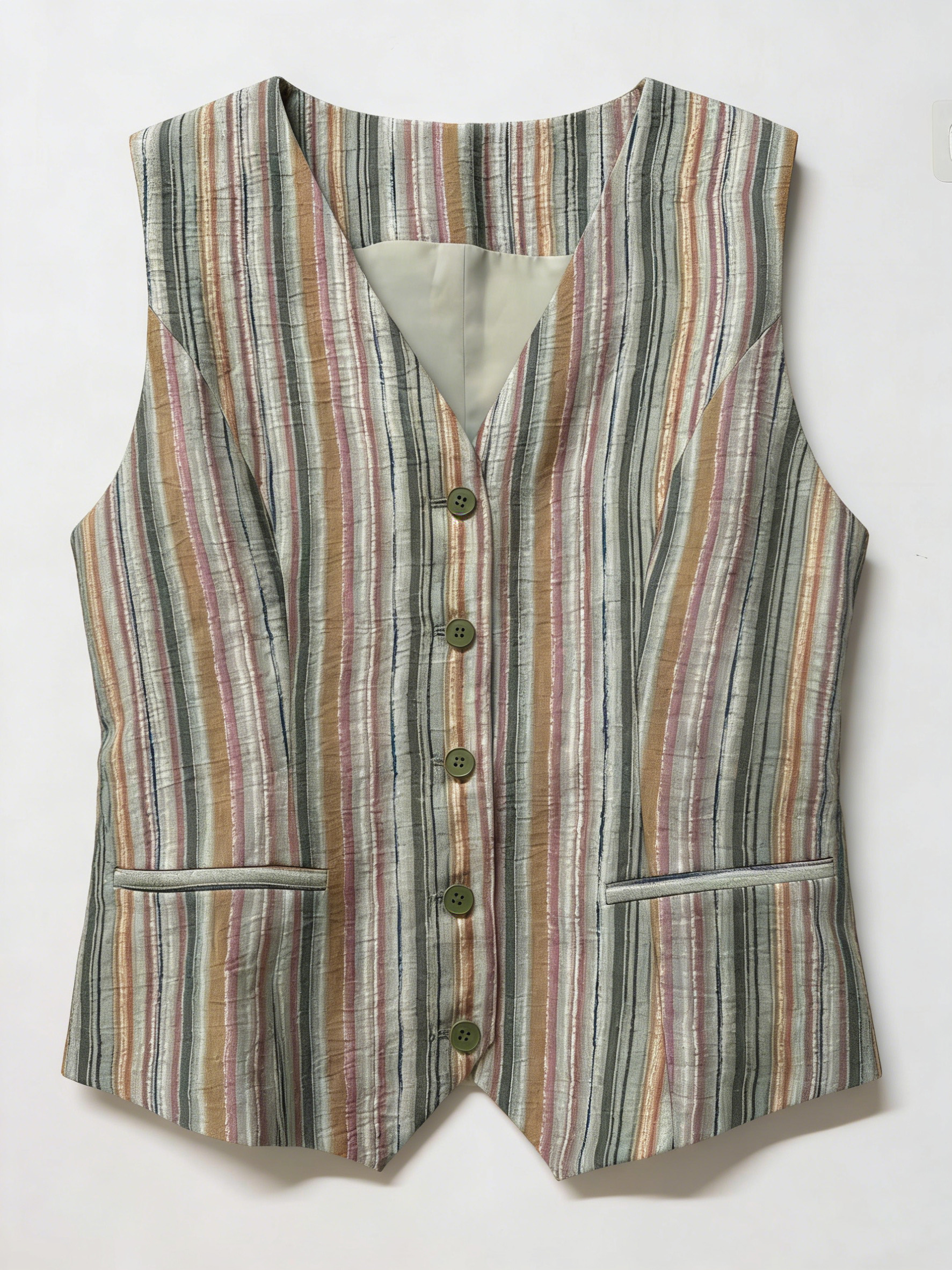 Oriental Style Multicolor Stripe Suit - V-Neck Vest & High Waist Trousers D-42125