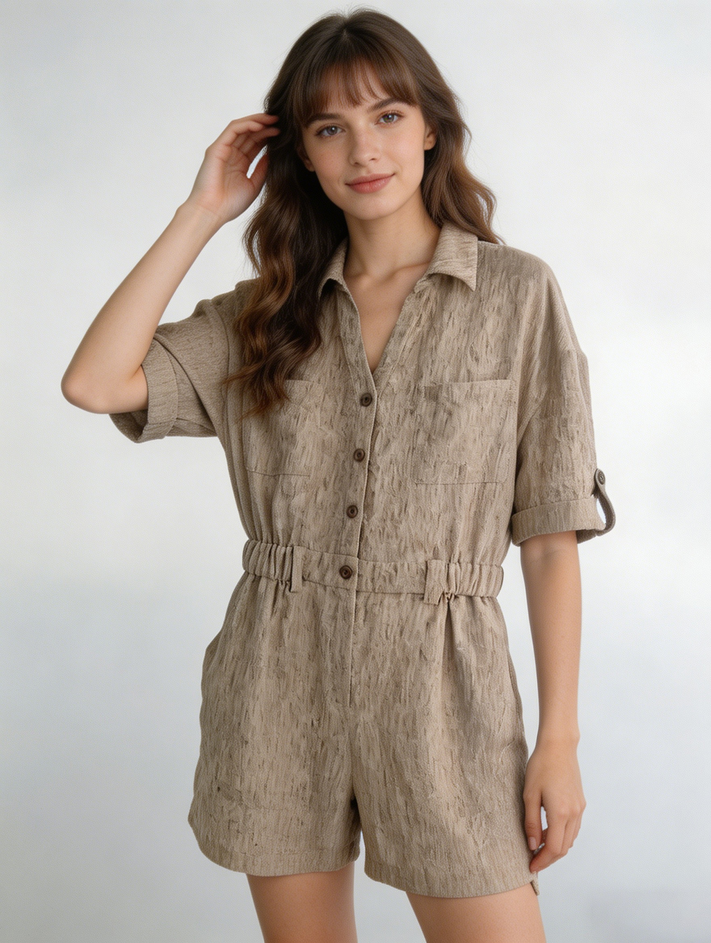 Summer Textured Utility Romper: Women's Safari Linen-Look Playsuit A-42031