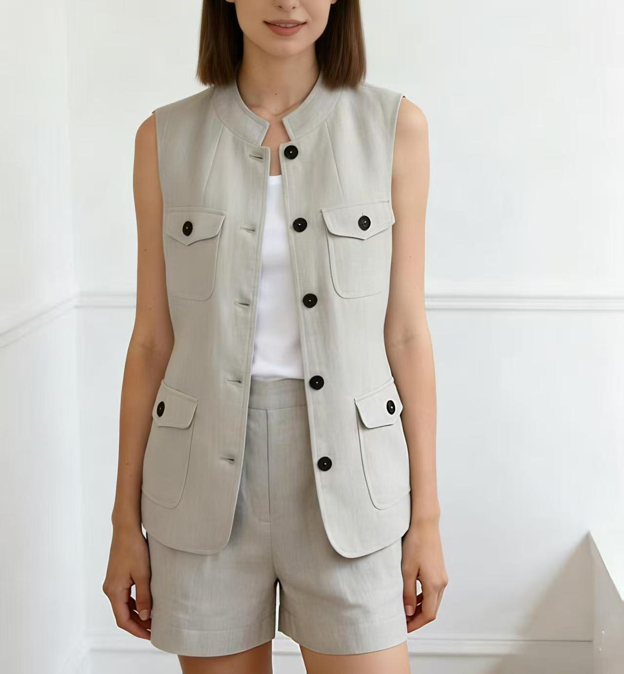 Elegant Off-White Office Vest - Pocket Detail Tailored Waistcoat  W-41369A