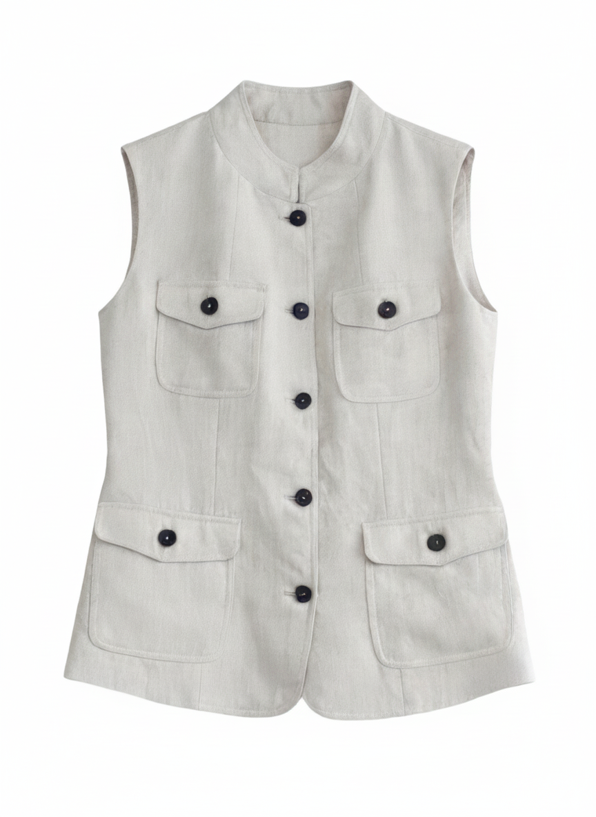 Elegant Off-White Office Vest - Pocket Detail Tailored Waistcoat  W-41369A