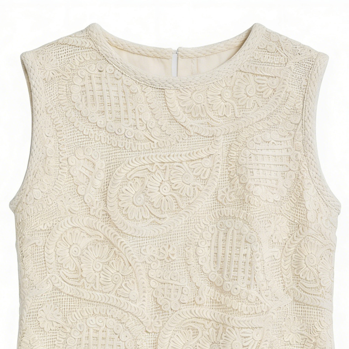 Women's Beige Paisley Embroidered Sleeveless Shift Dress - Lace Detail Mini Dress  W-41388A