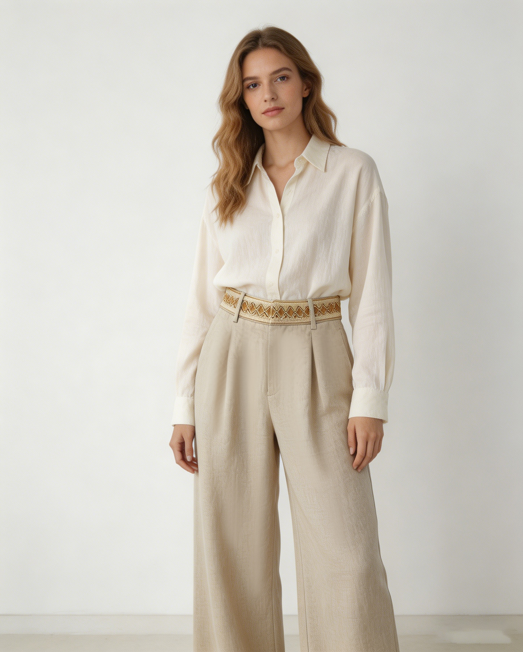 Boho Linen Wide-Leg Pants: Women's High-Waist Trousers with Embroidered Waistband C-41778