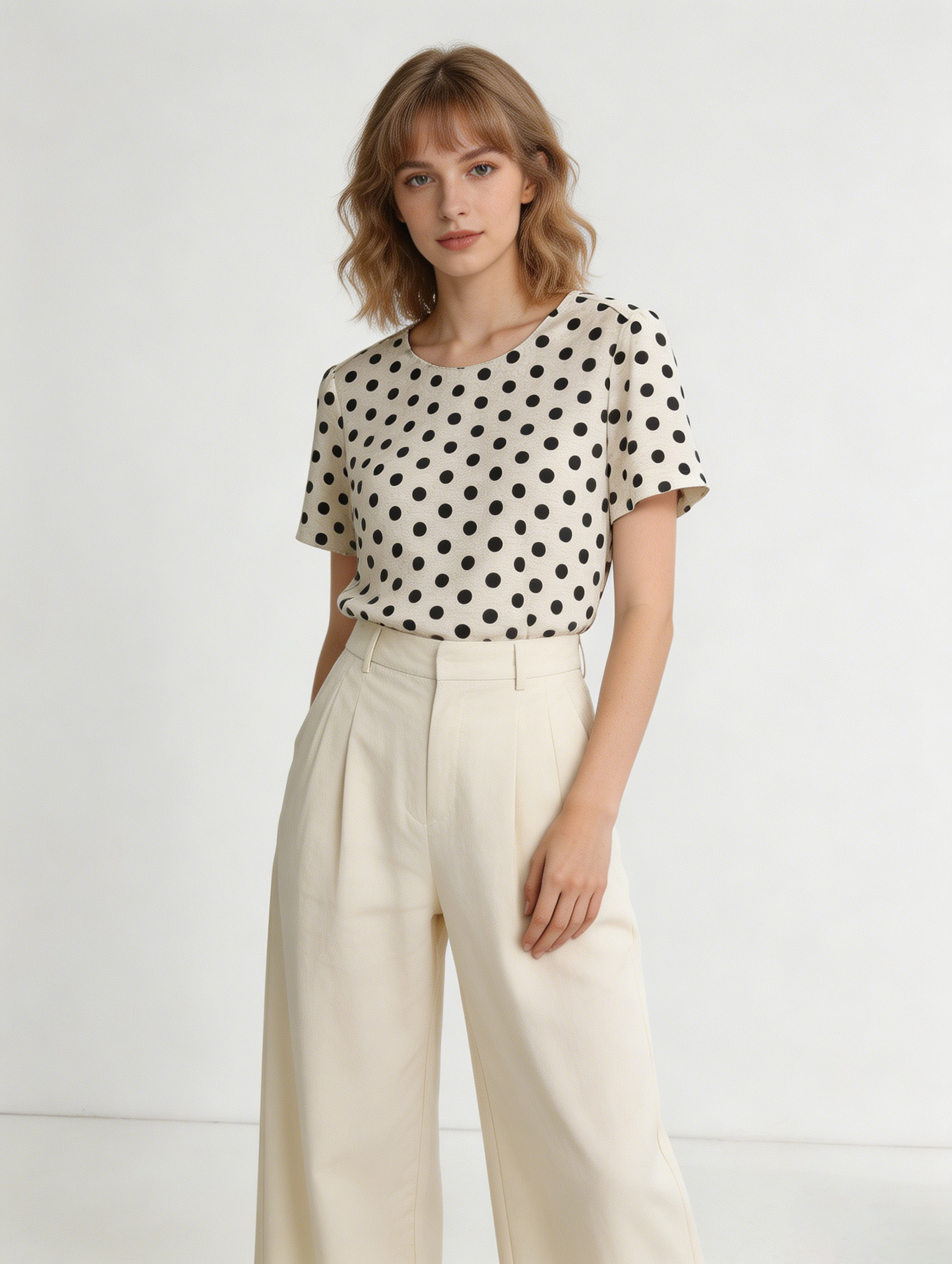 French Style Polka Dot Blouse: Retro Short Sleeve Summer Top C-41804