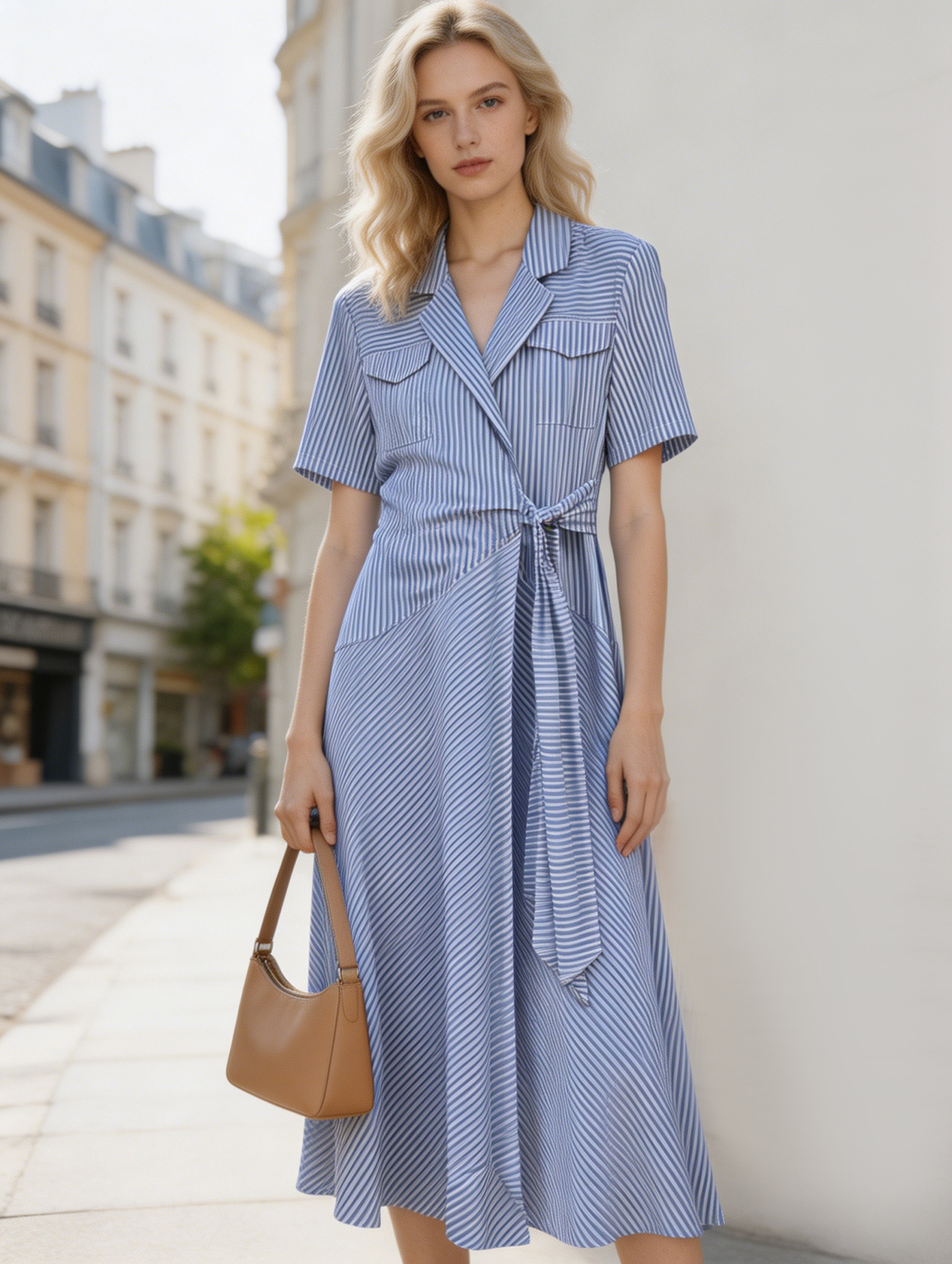 Blue Striped Belted Shirt Dress D-40370