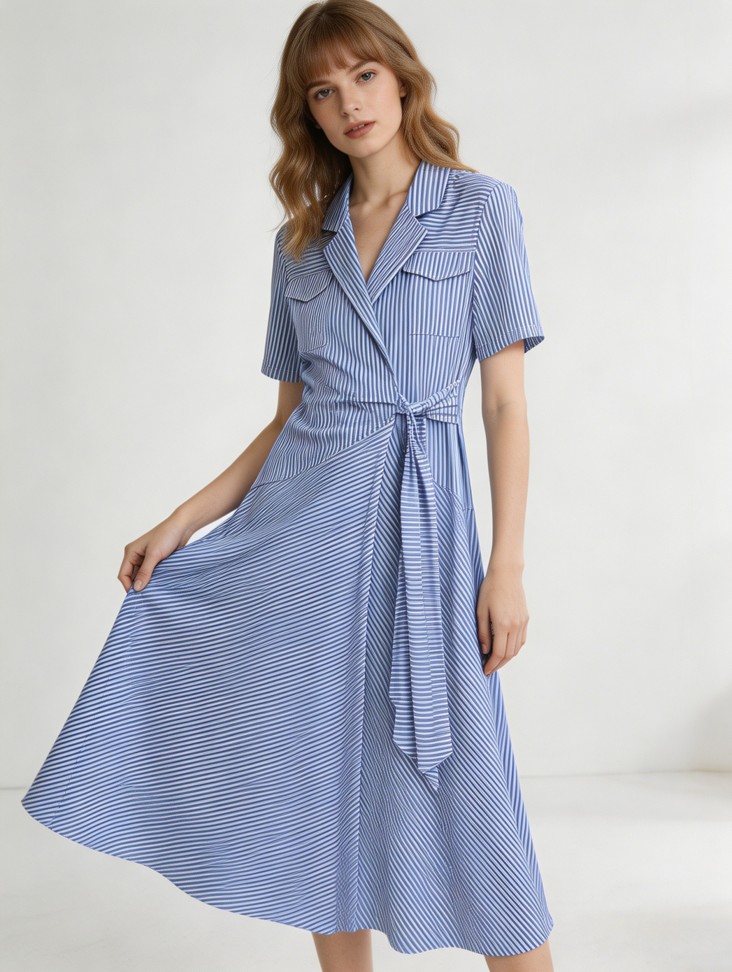 Blue Striped Belted Shirt Dress D-40370