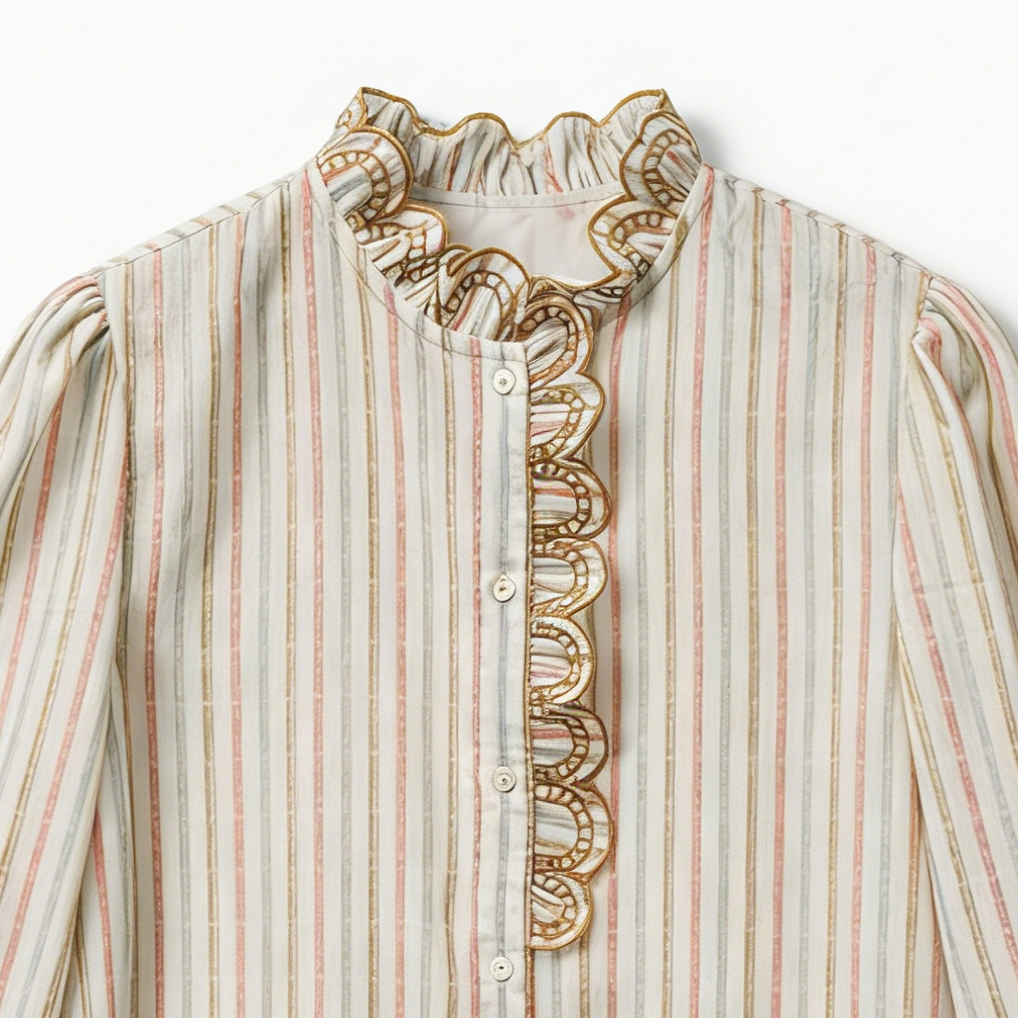 Vintage Pink Stripe Ruffle Neck Blouse - Long Sleeve Victorian Blouse  A-41690