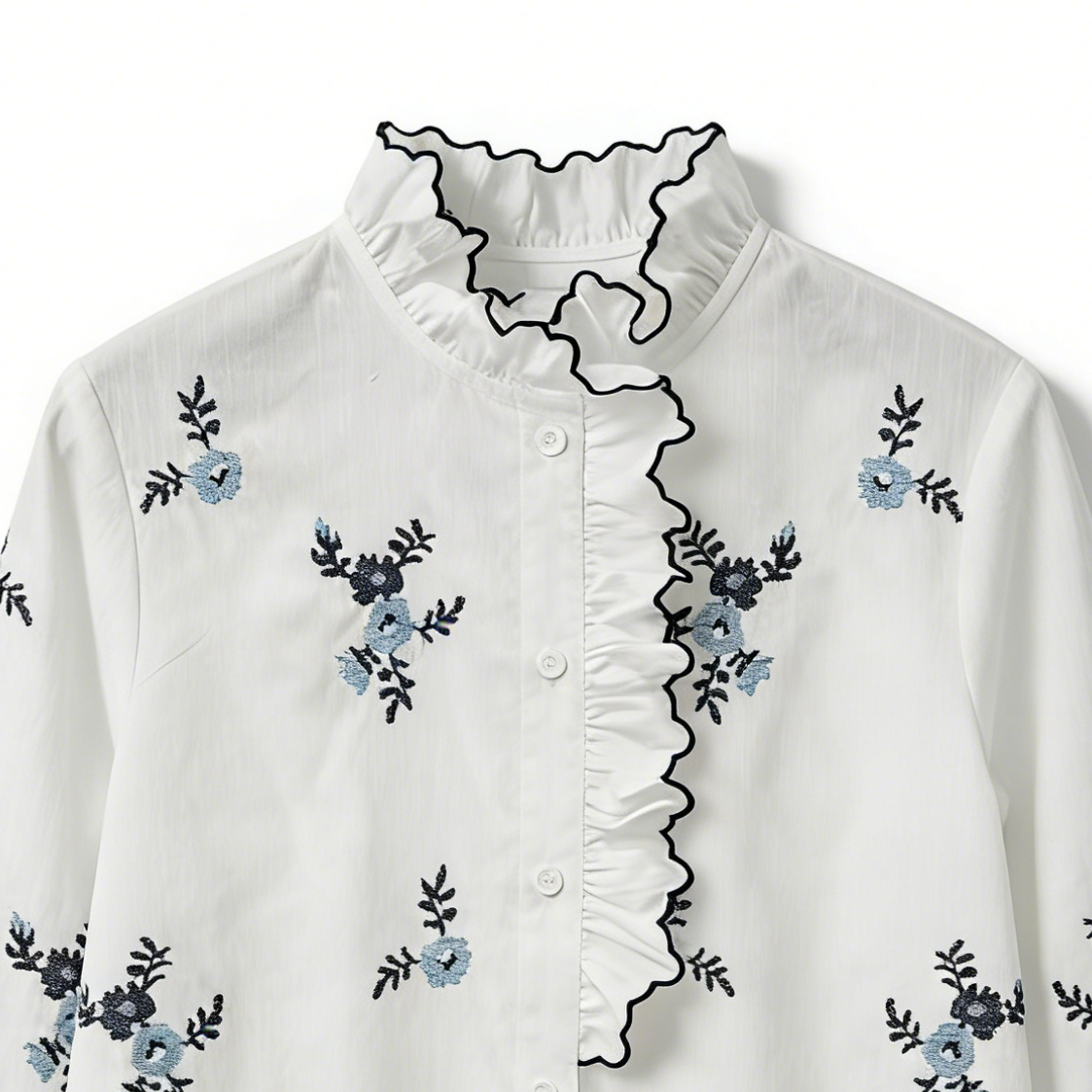 Vintage White Floral Embroidered Blouse - Ruffle Trim Victorian Blouse  A-41708