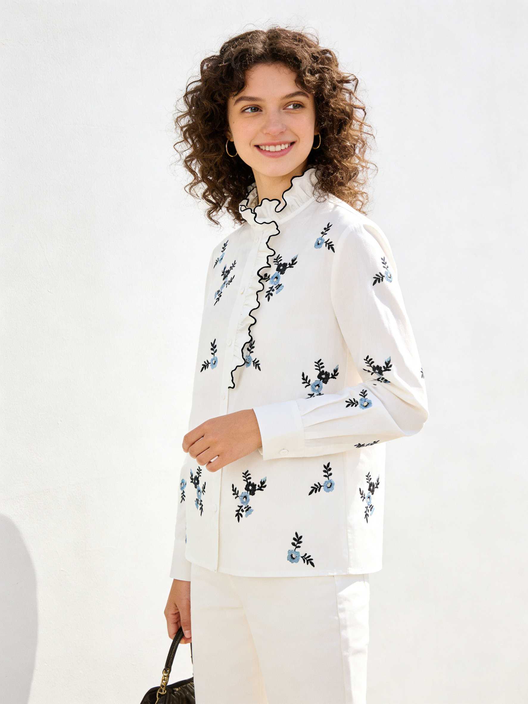 Vintage White Floral Embroidered Blouse - Ruffle Trim Victorian Blouse  A-41708