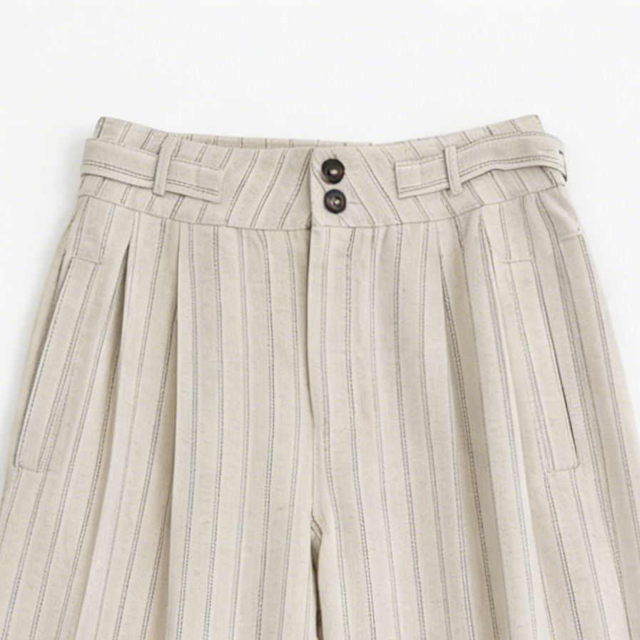 Minimalist Light Khaki Stripe Wide Leg Pants - High Waist Pleated Casual Trousers A-41727A