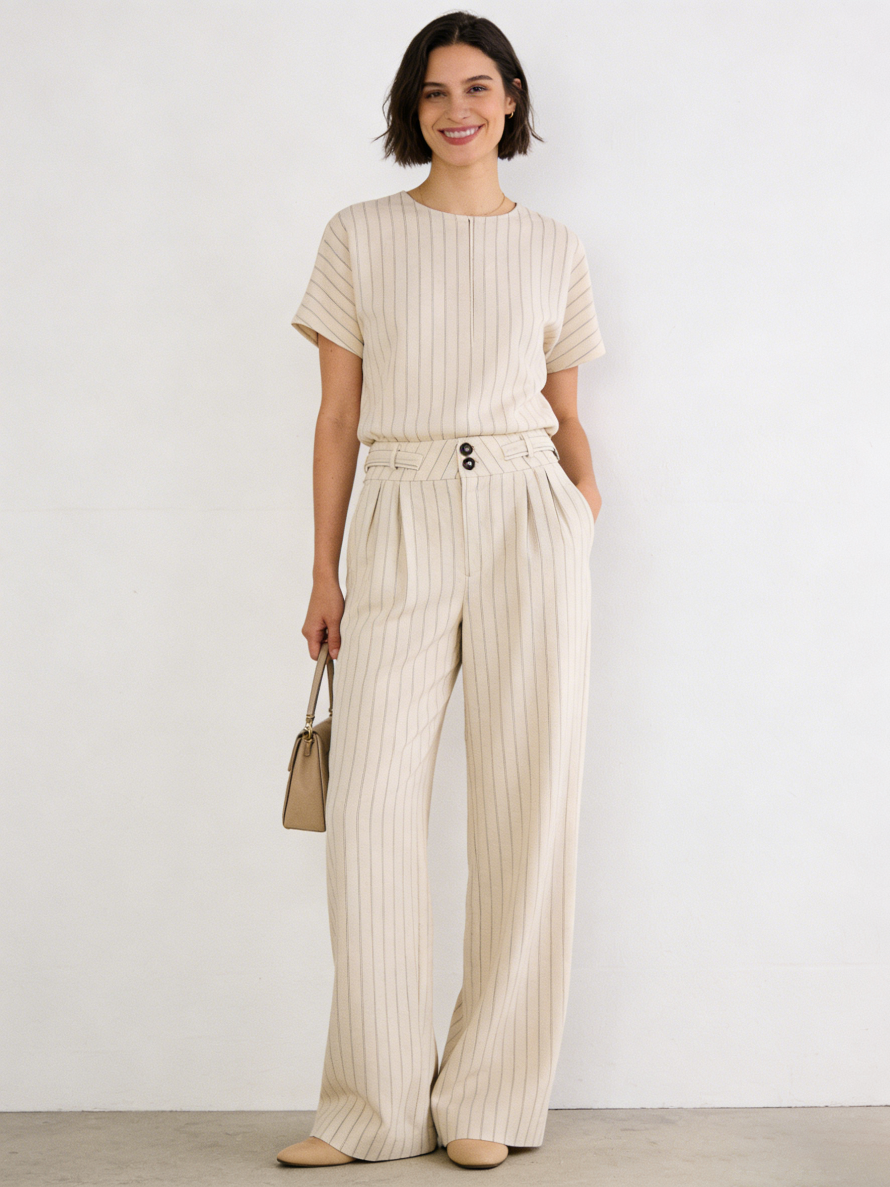 Minimalist Light Khaki Stripe Wide Leg Pants - High Waist Pleated Casual Trousers A-41727A