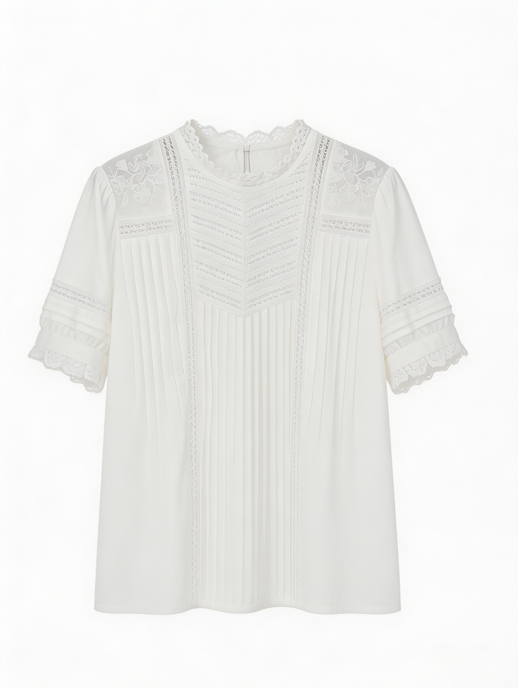 Minimalist White Pleated Lace Blouse - Premium Boho Fashion M-42885