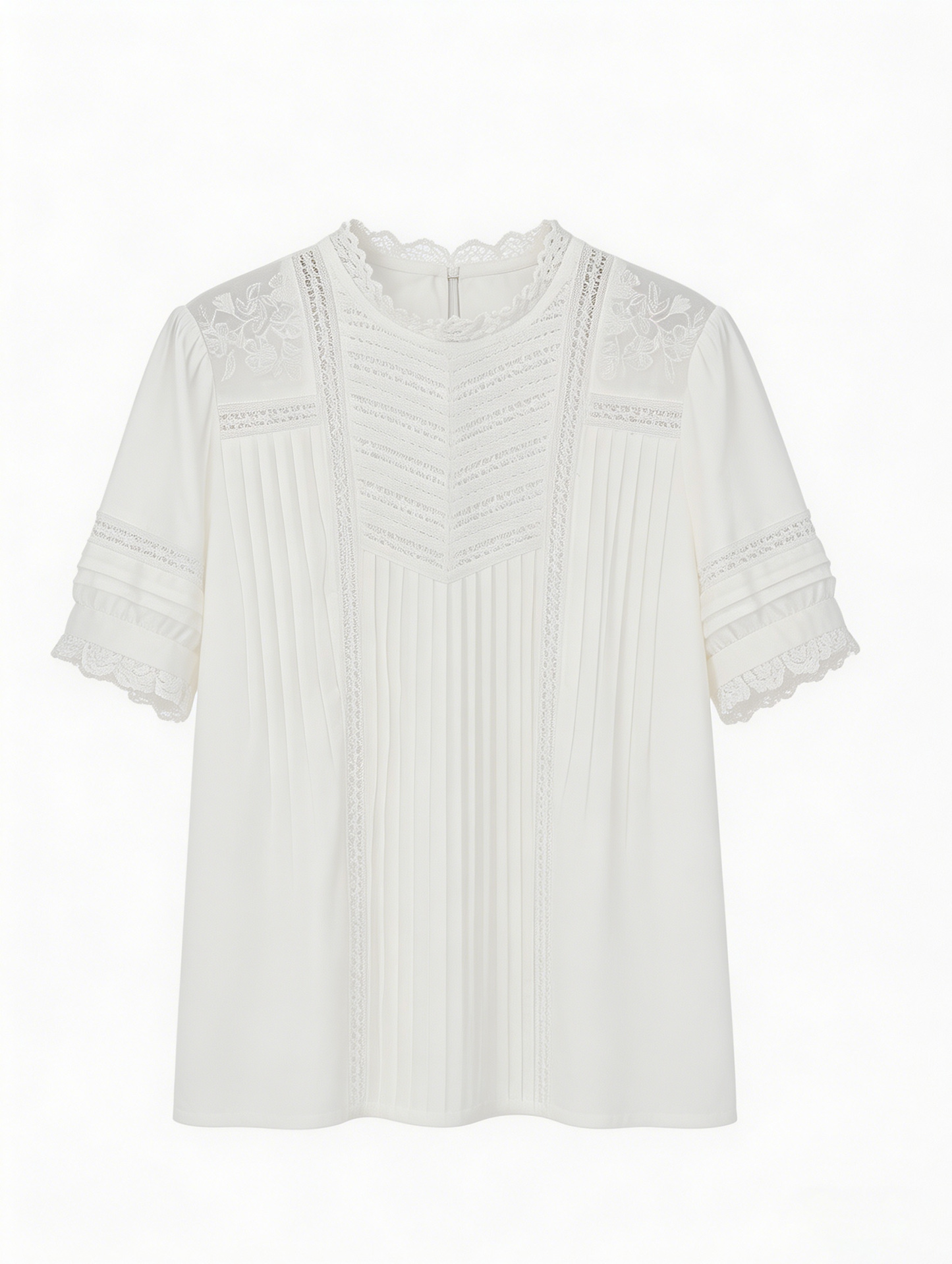 Minimalist White Pleated Lace Blouse - Premium Boho Fashion M-42885