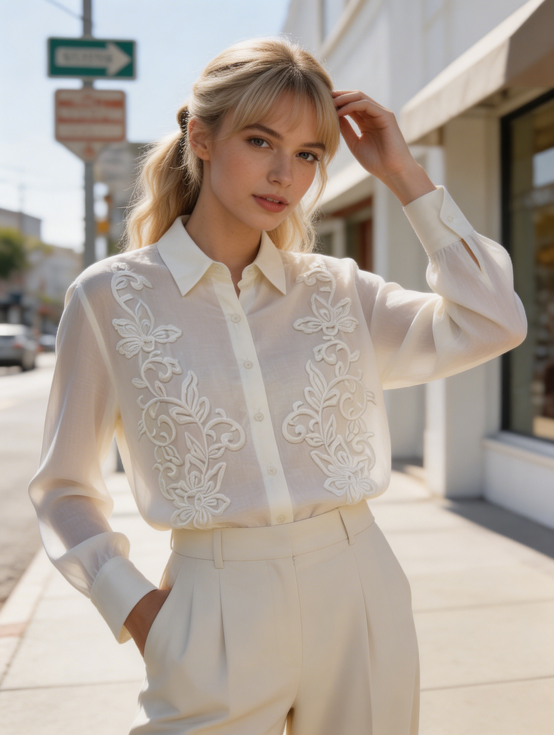 White Floral Embroidered Long Sleeve Shirt - Vintage Linen Blouse W-39376-1