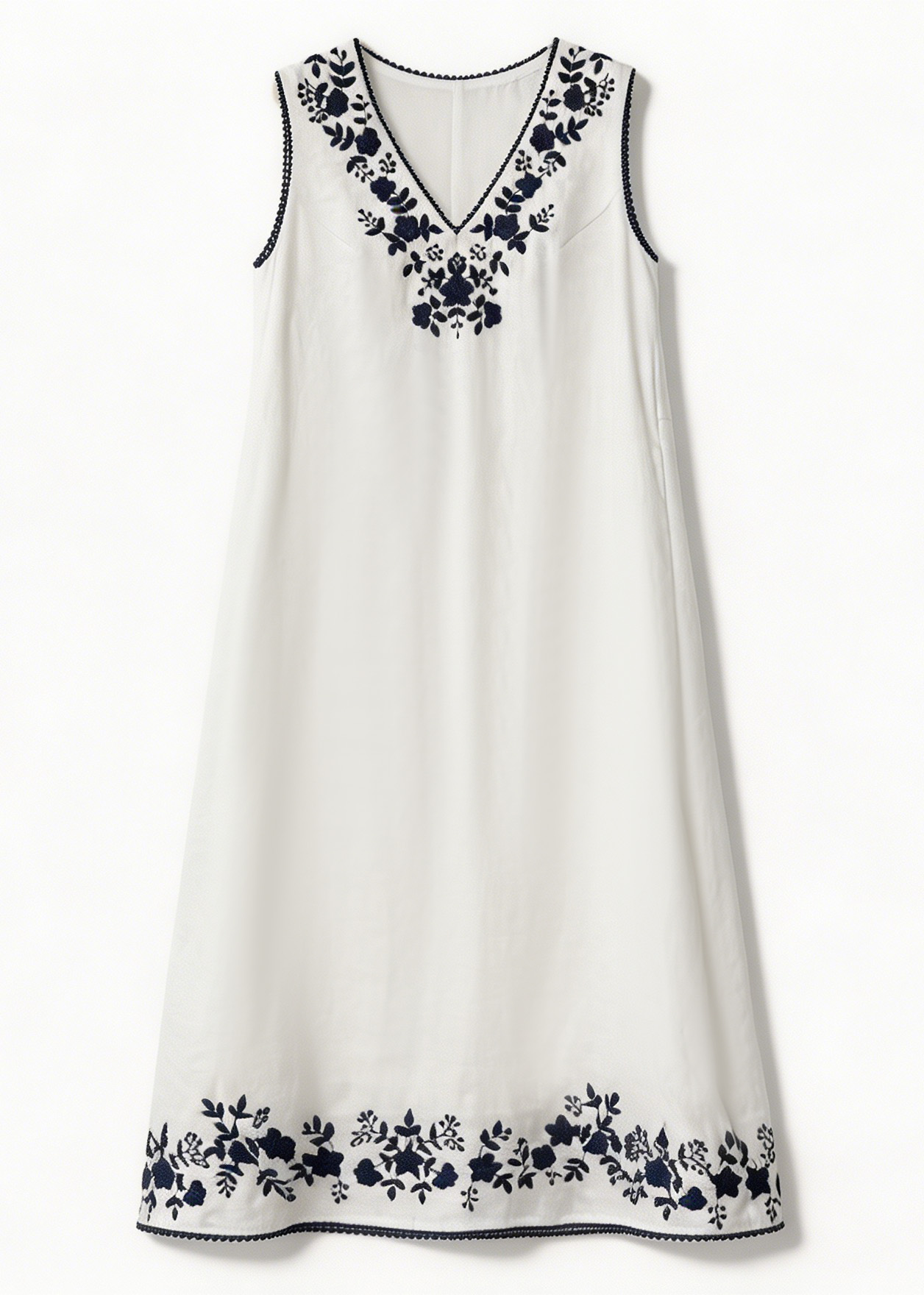 White Navy Floral Embroidered V-Neck Maxi Dress - Mexican Boho Style W-40590