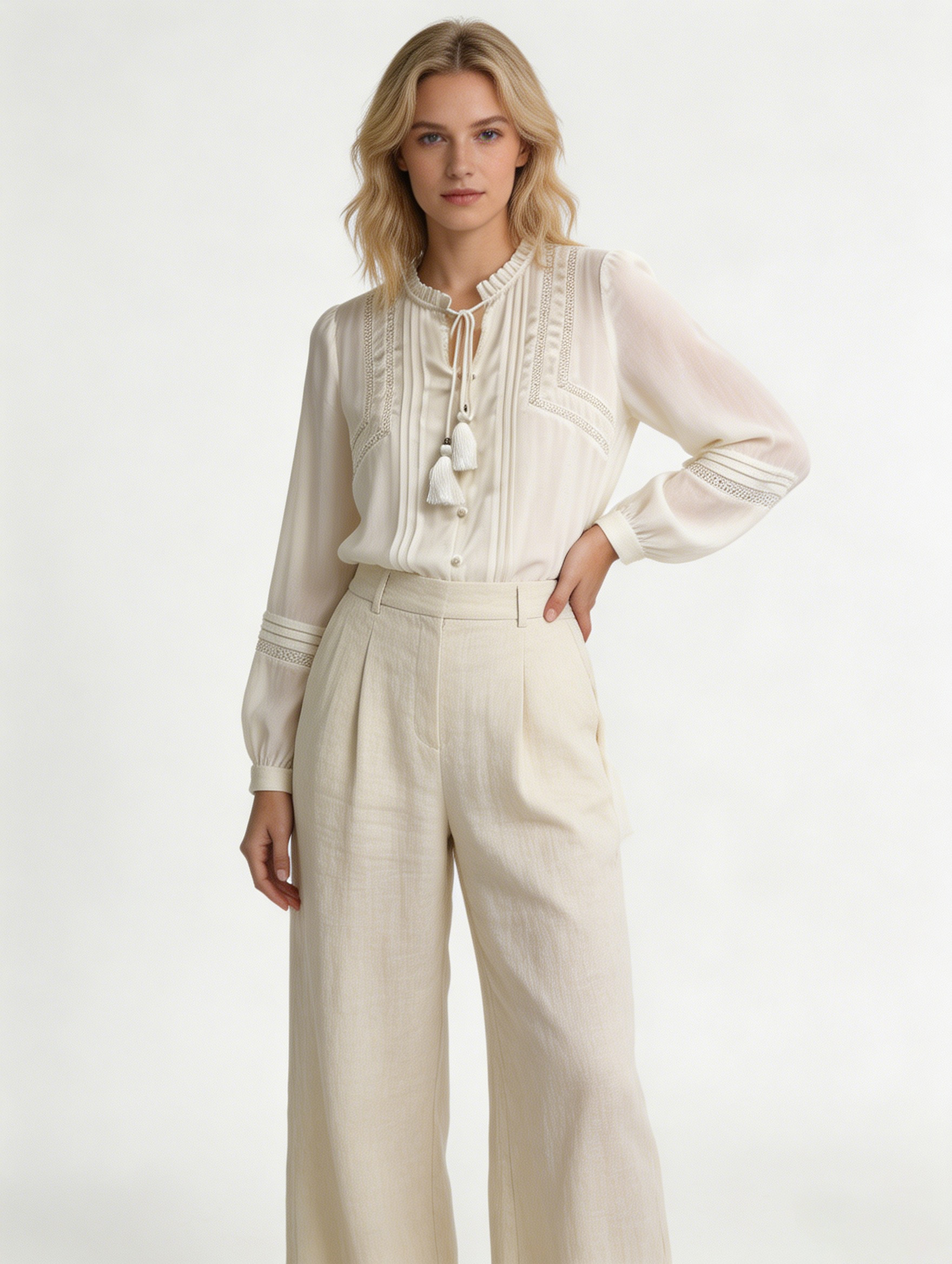 White Tassel Tie Ruffle Neck Blouse - Boho Long Sleeve Top Y-39781