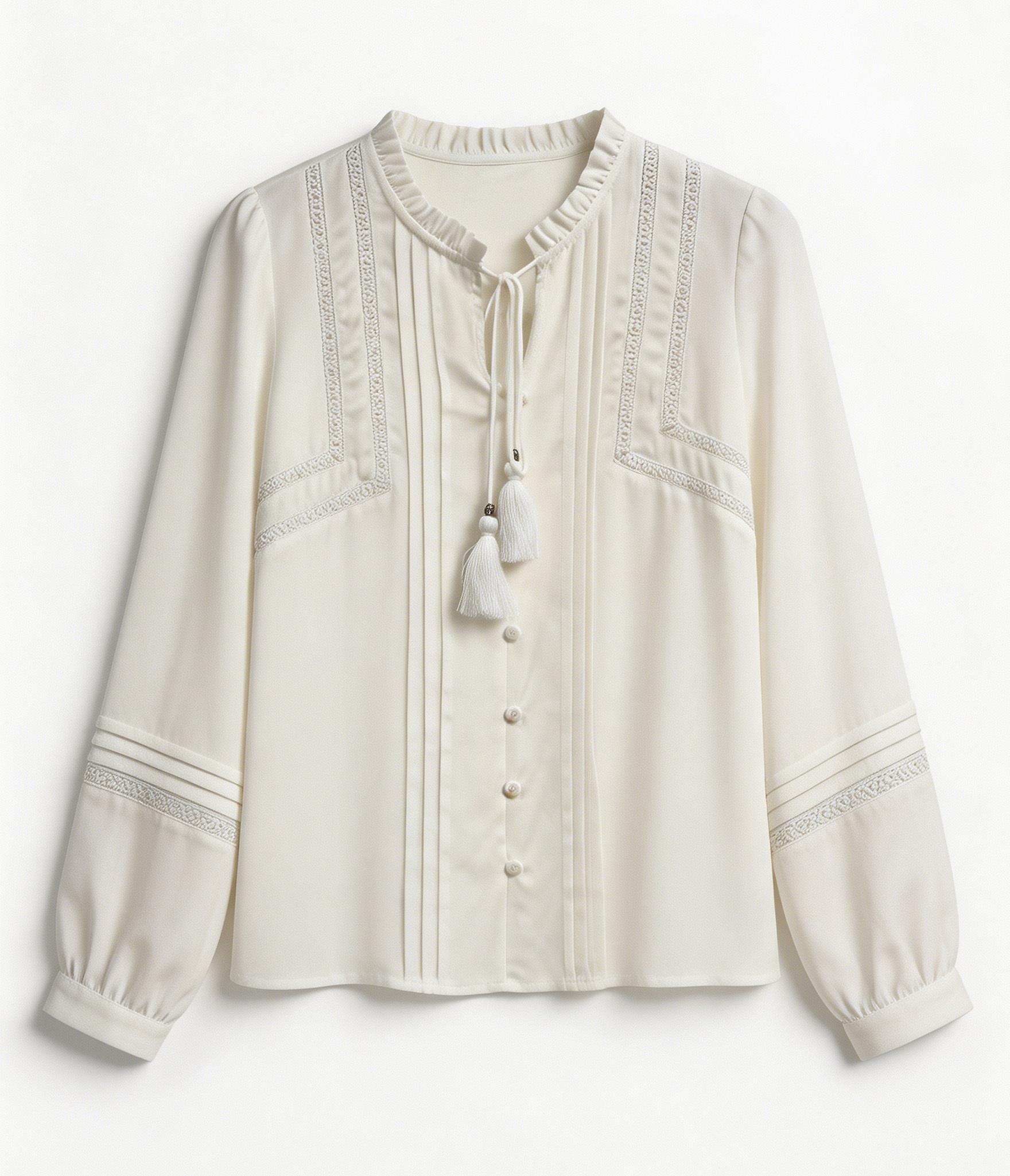 White Tassel Tie Ruffle Neck Blouse - Boho Long Sleeve Top Y-39781