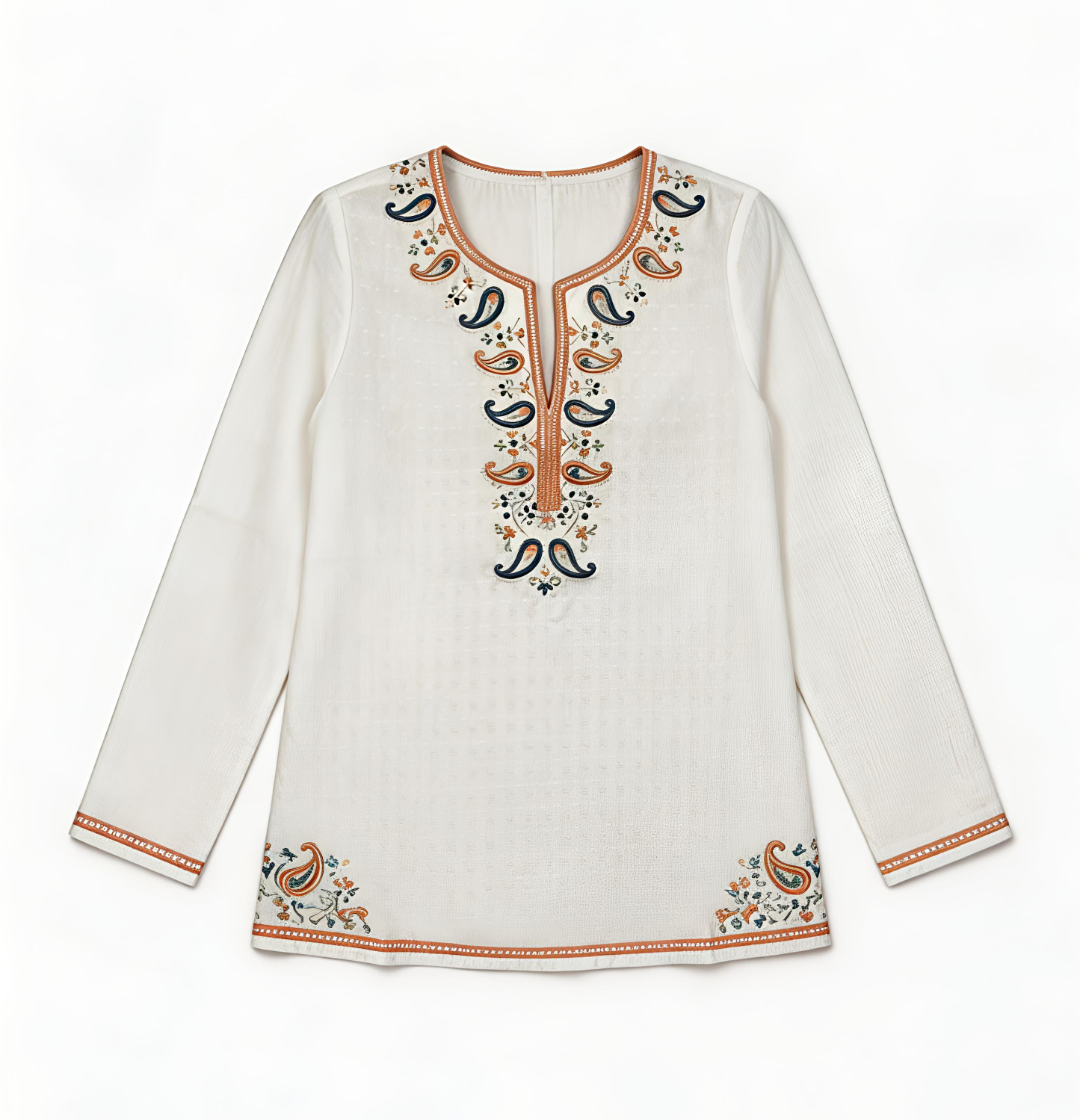 White Paisley Embroidered V-Neck Blouse - Boho Ethnic Top AN-650009