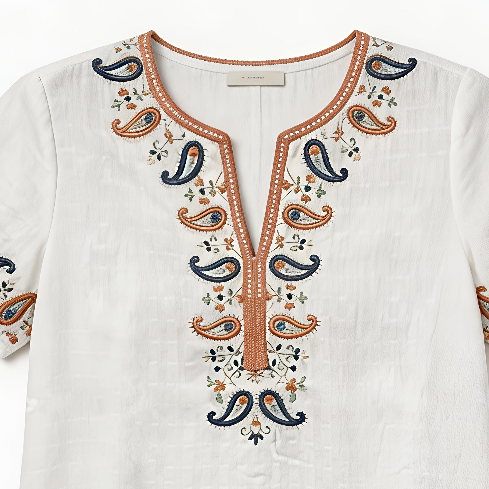 White Paisley Embroidered V-Neck Short Sleeve Top - Boho Ethnic Blouse AN-650010