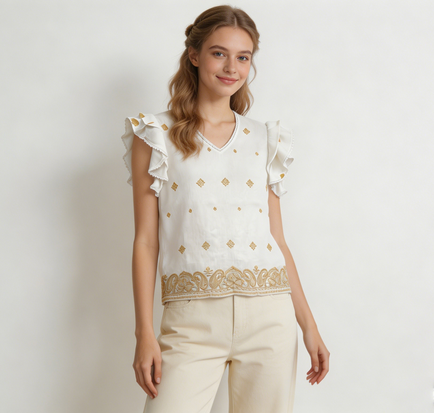 White Gold Paisley Embroidered Ruffle Sleeve Blouse - Boho V-Neck Top AN-710001