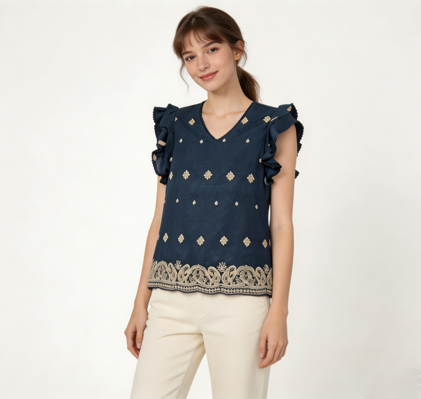 White Gold Paisley Embroidered Ruffle Sleeve Blouse - Boho V-Neck Top AN-710001