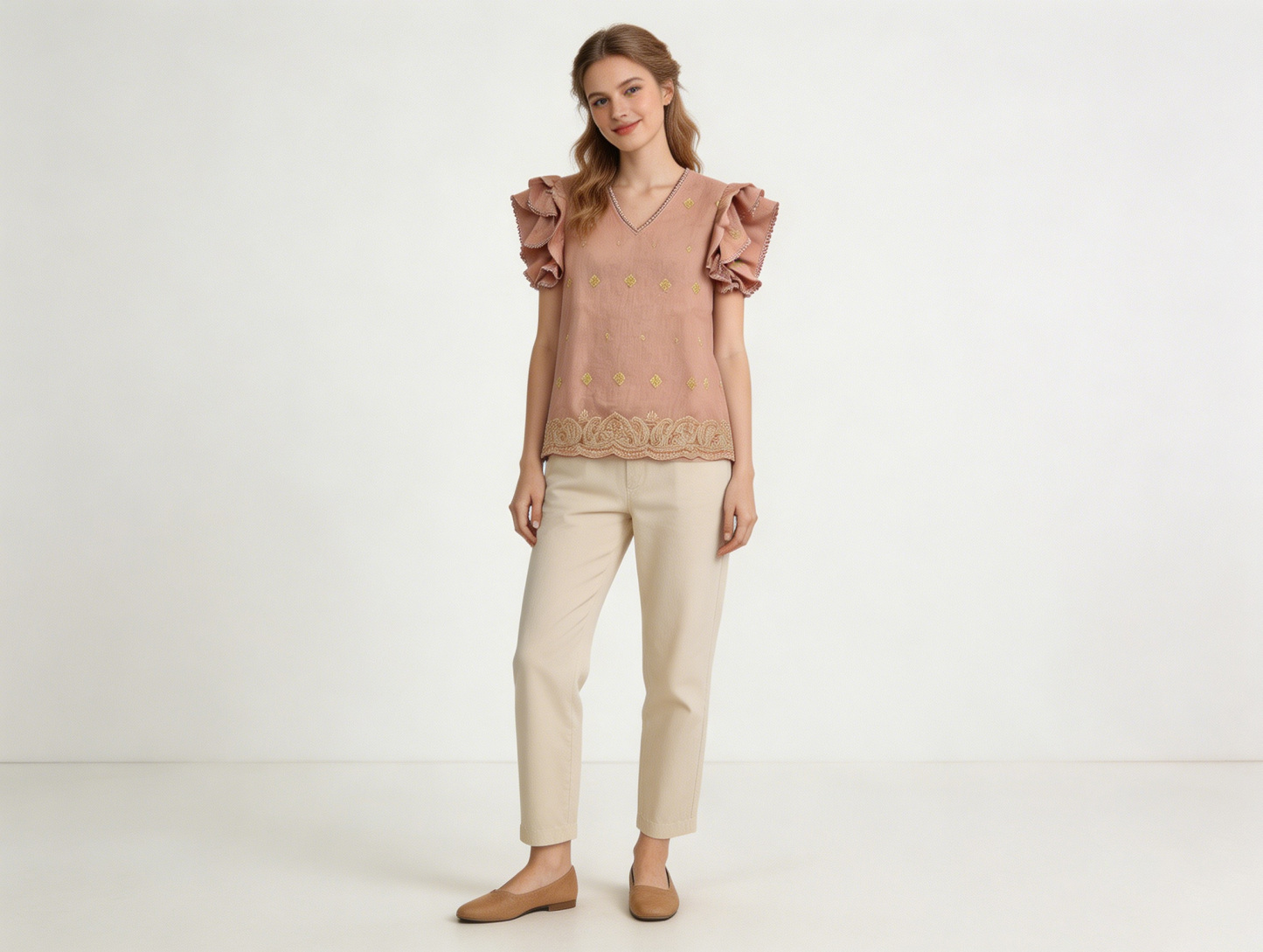 White Gold Paisley Embroidered Ruffle Sleeve Blouse - Boho V-Neck Top AN-710001