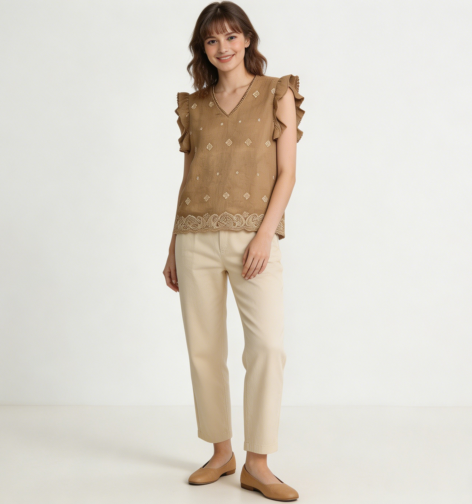 White Gold Paisley Embroidered Ruffle Sleeve Blouse - Boho V-Neck Top AN-710001