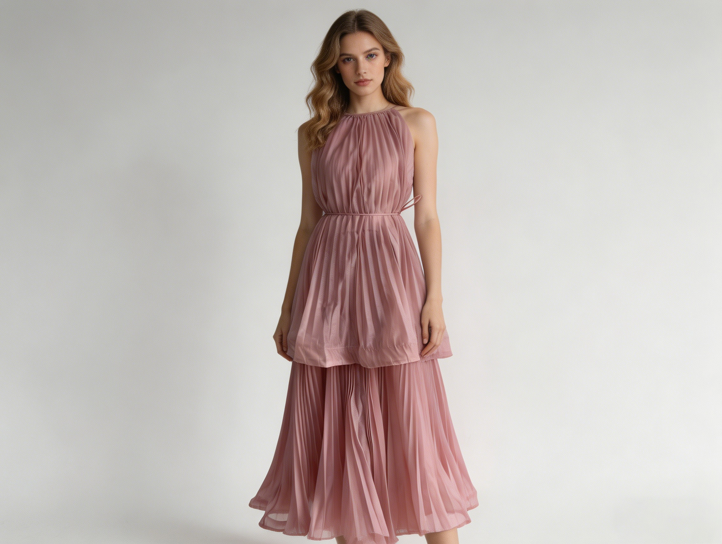 Pink Halter Neck Tiered Pleated Maxi Dress - Elegant Party Dress 5253