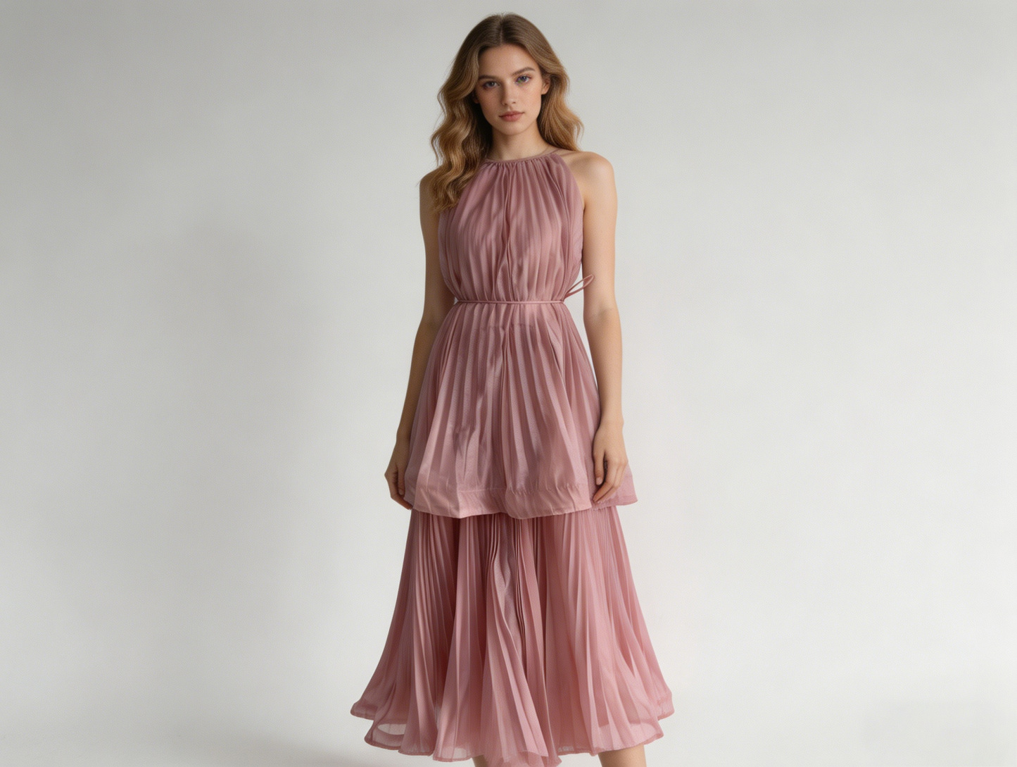 Pink Halter Neck Tiered Pleated Maxi Dress - Elegant Party Dress 5253