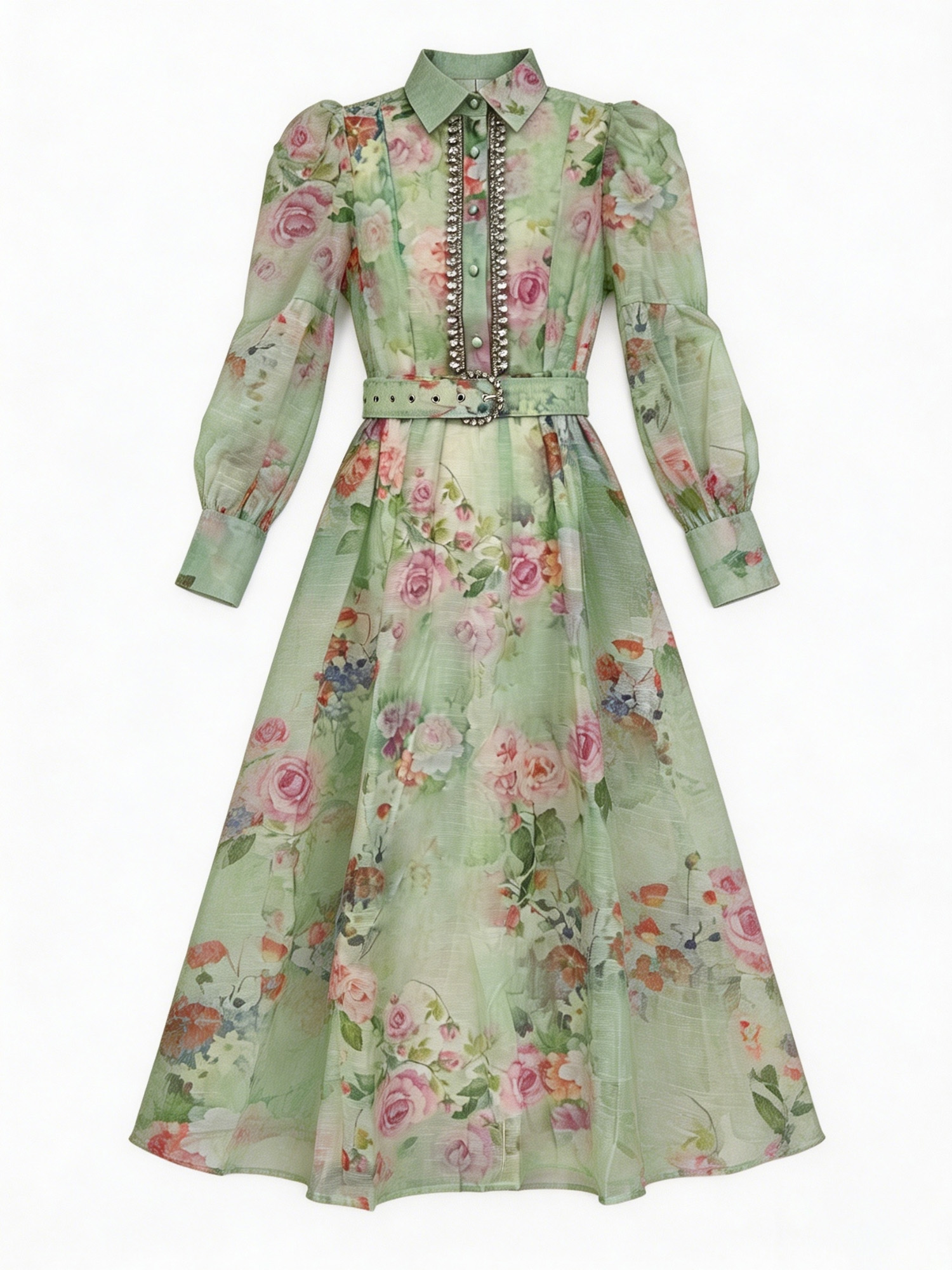 Green Floral Print Rhinestone Trim Midi Dress - Elegant Party Dress 5362