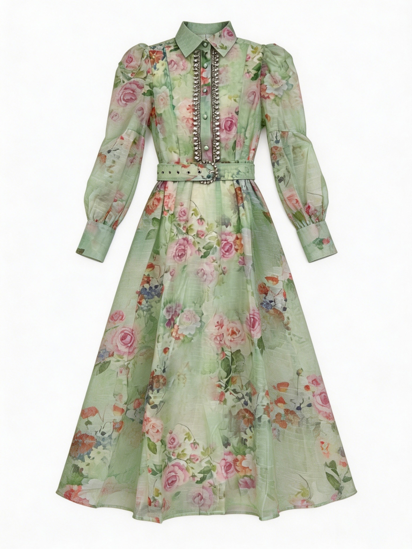 Green Floral Print Rhinestone Trim Midi Dress - Elegant Party Dress 5362