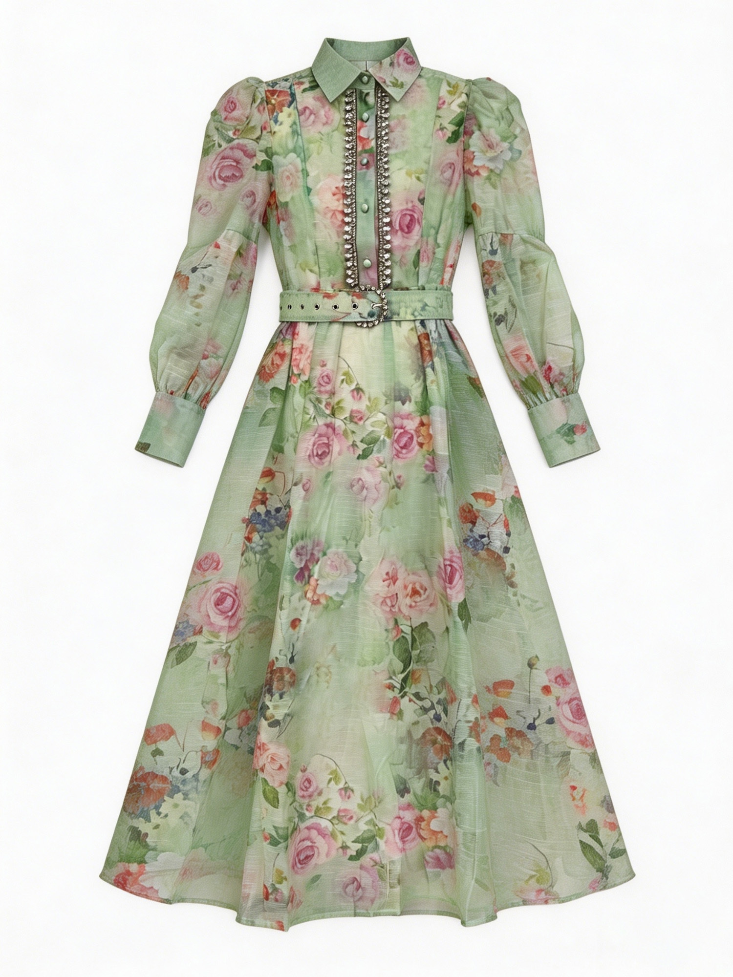 Green Floral Print Rhinestone Trim Midi Dress - Elegant Party Dress 5362