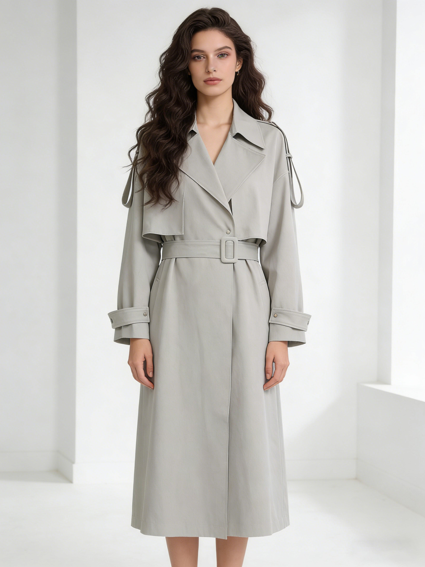 Minimalist Light Sage Green Trench Coat - Belted Oversized Lapel Jacket 57688