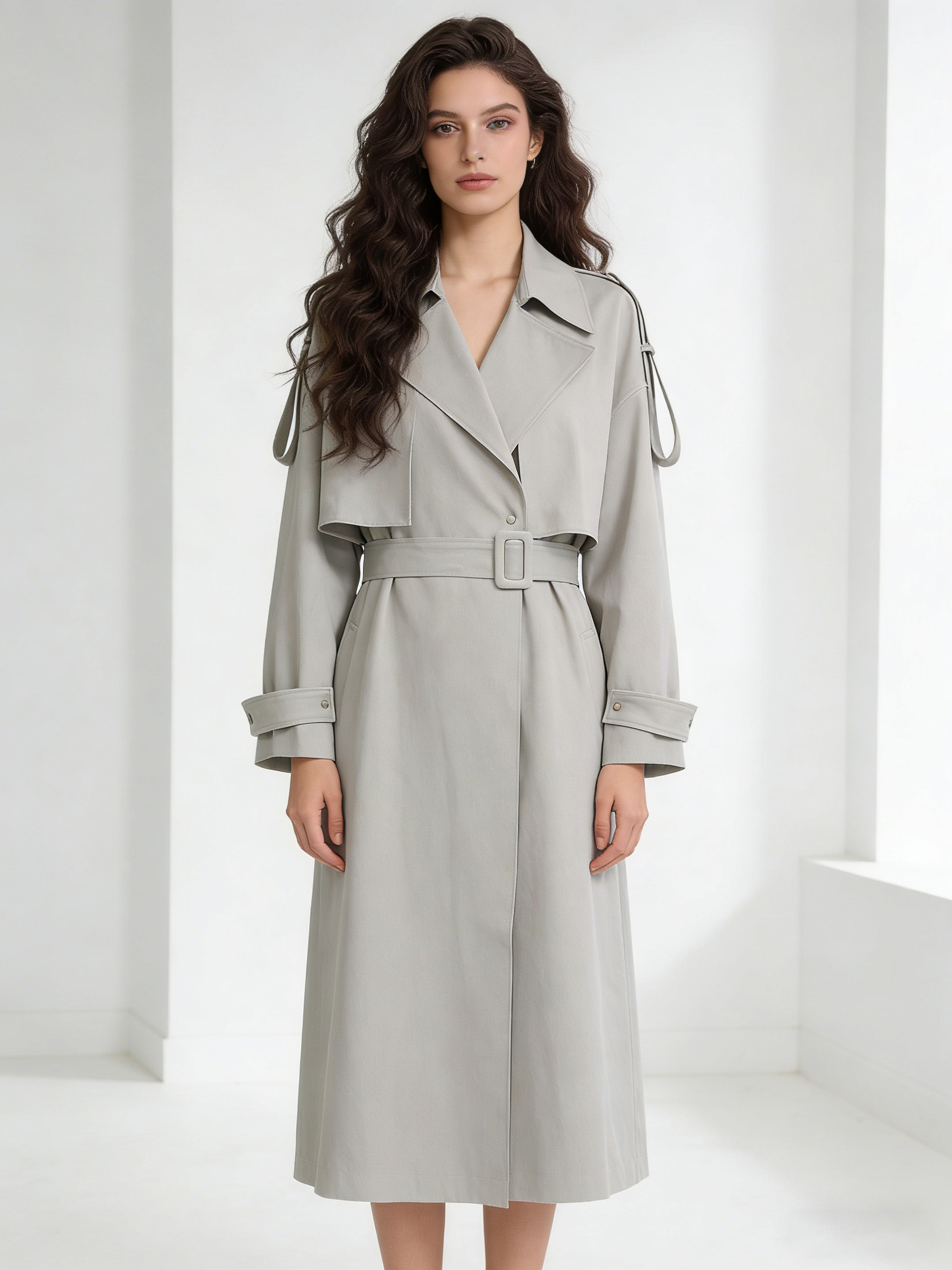 Minimalist Light Sage Green Trench Coat - Belted Oversized Lapel Jacket 57688